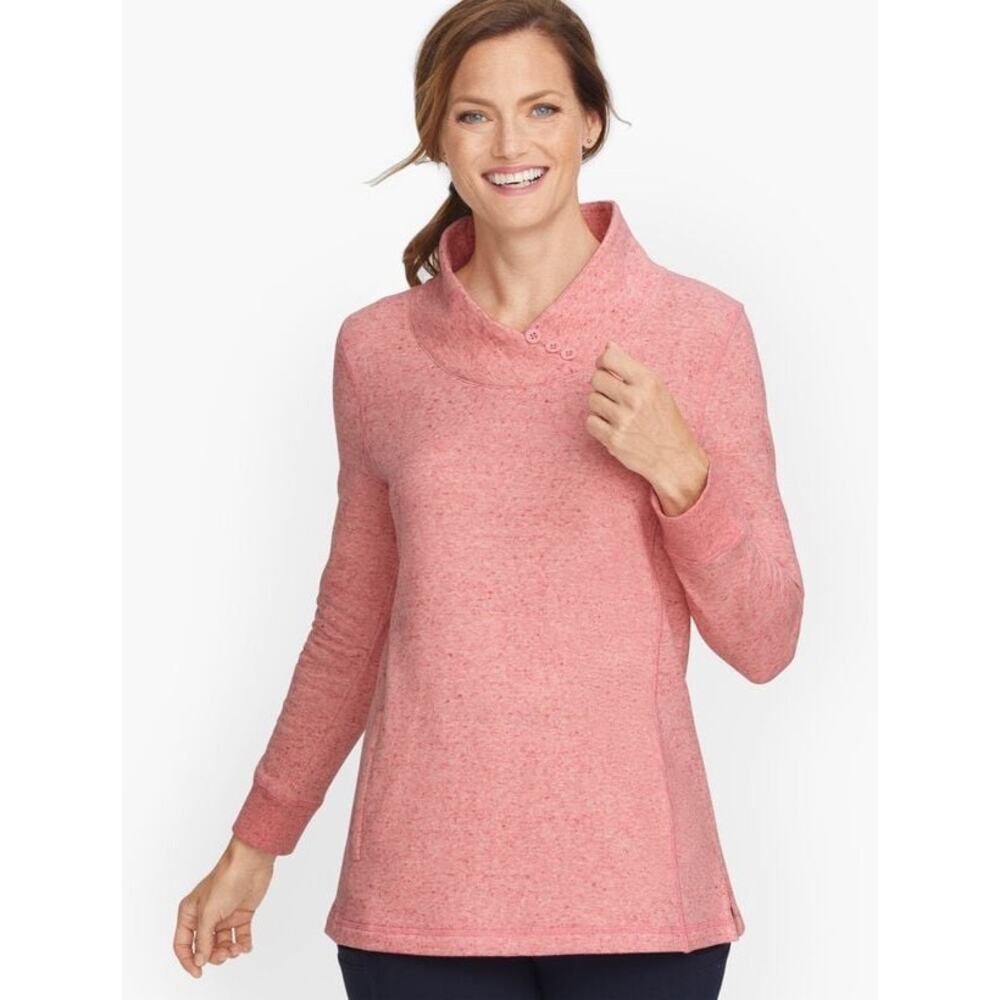Talbots sweatshirt V-Mochneck collared button detail two pockets pink Cozycore